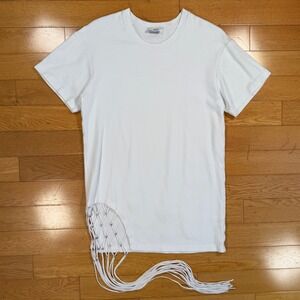 Area NYC White Crystal Fringe Cutout Cotton T-Shirt Womens Medium Asymmetric